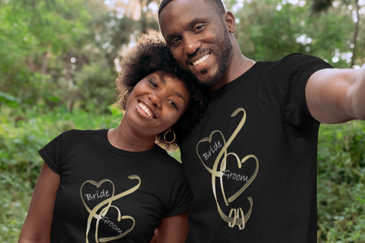 Hearts and Ribbon Wedding T-shirt - Bride/Groom (Gold)